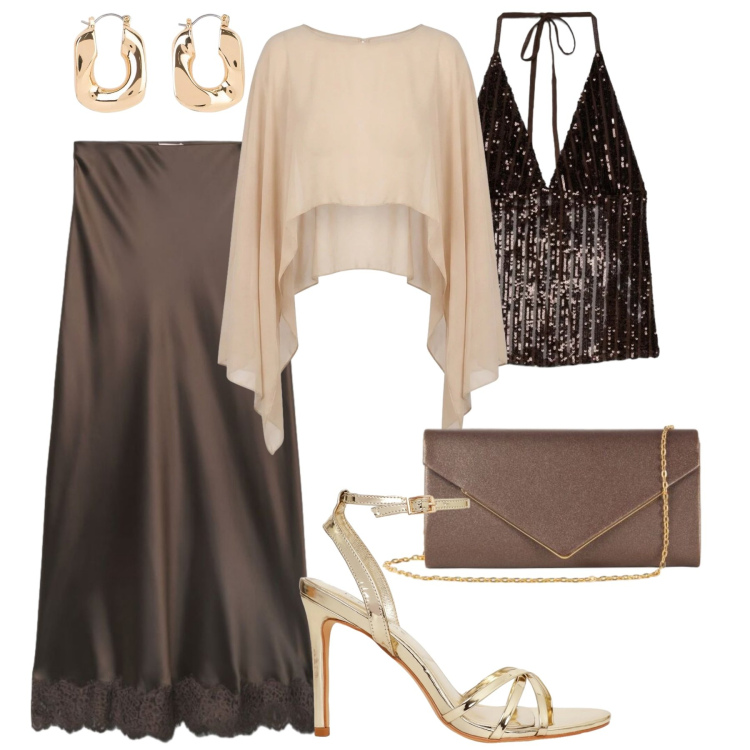Outfit donna - Agosto. Stile Chic per Serata fuori. Abbinamento con orecchini, gonne lunghe, top, sandali col tacco, clutch, blazer.