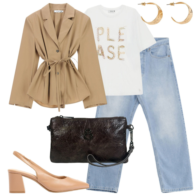 Outfit donna - City. Stile Casual chic per Tutti i giorni. Abbinamento con décolleté, orecchini, t-shirt, blazer, jeans, pochette.