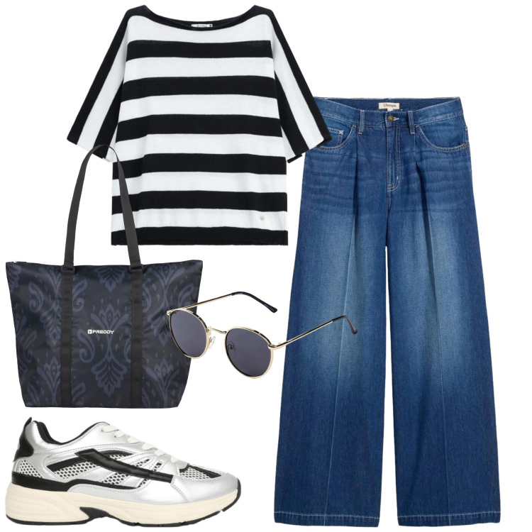 Outfit donna - City. Stile Casual per Tutti i giorni. Abbinamento con jeans, occhiali da sole, sneakers, shopping bag, top.