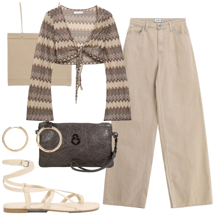 Outfit donna - Agosto. Stile Casual per Tutti i giorni. Abbinamento con orecchini, sandali, top, blazer, pantaloni, pochette.