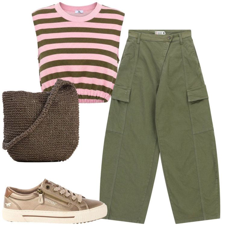 Outfit donna - Agosto. Stile Casual per Tutti i giorni. Abbinamento con sneakers, shopping bag, top, pantaloni cargo.