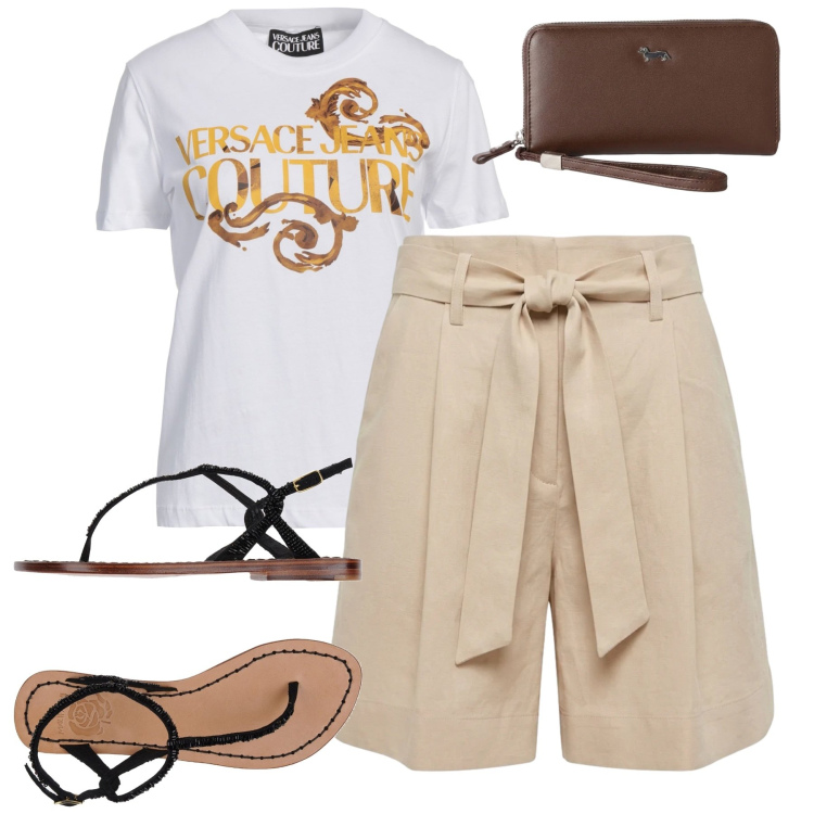 Outfit donna - Agosto. Stile Casual chic per Tutti i giorni. Abbinamento con t-shirt, infradito, bermuda, portafogli.