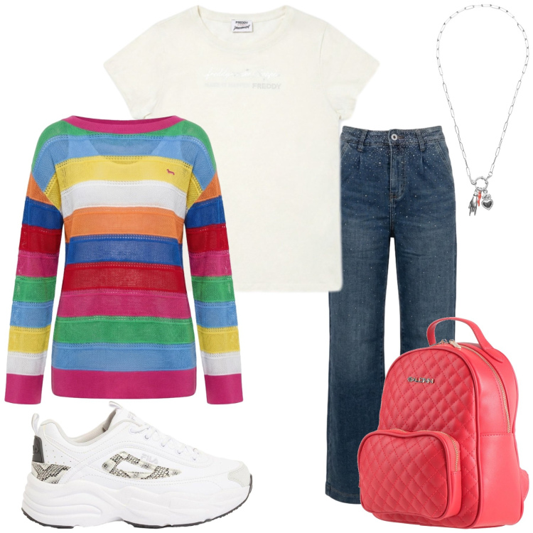 Outfit donna - Total look #2454019. Stile Casual chic per Tutti i giorni. Abbinamento con zaini, sneakers, maglieria, jeans, ciondoli, t-shirt.