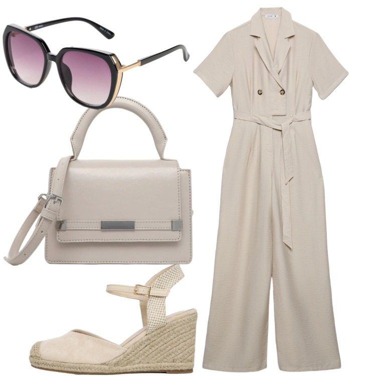 Outfit donna - Agosto per chi lavora - @tiffany22. Stile Basic per Ufficio. Abbinamento con occhiali da sole, tute, zeppe, borse a tracolla.