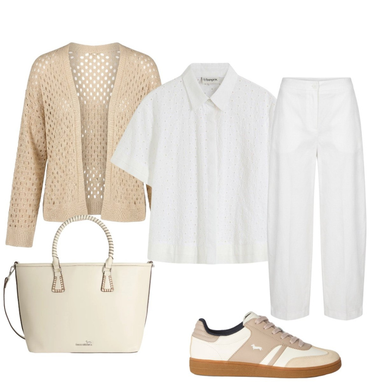 Outfit donna - Serata di fine agosto. Stile Casual chic per Serata fuori. Abbinamento con camicie, sneakers, shopping bag, cardigans, pantaloni.