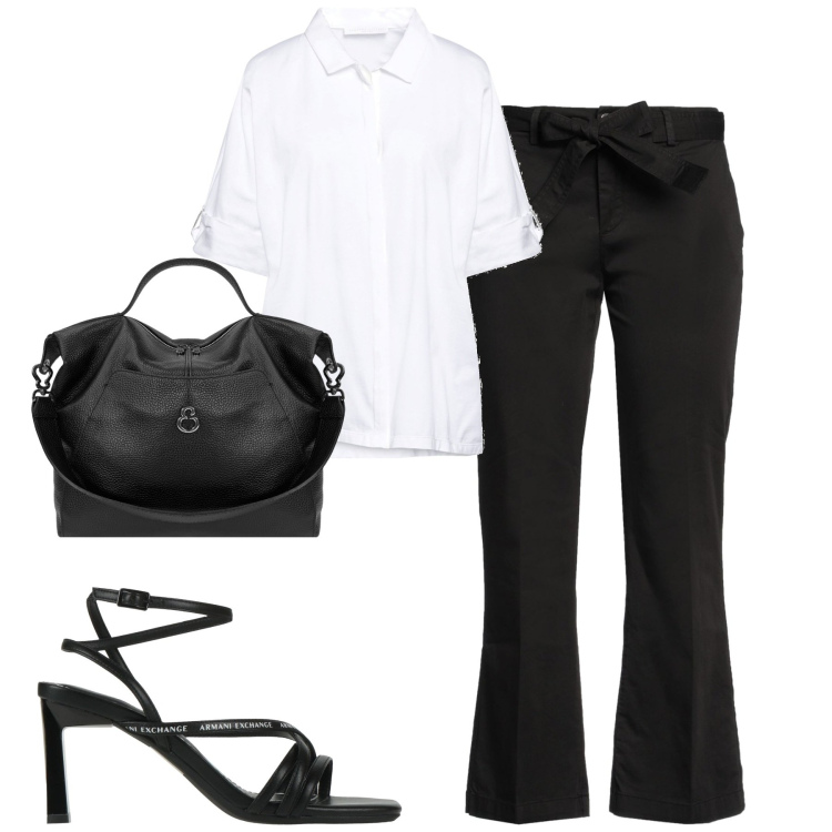 Outfit donna - City. Stile Urban per Tutti i giorni. Abbinamento con sandali col tacco, pantaloni, camicie a manica corta, borse a spalla.