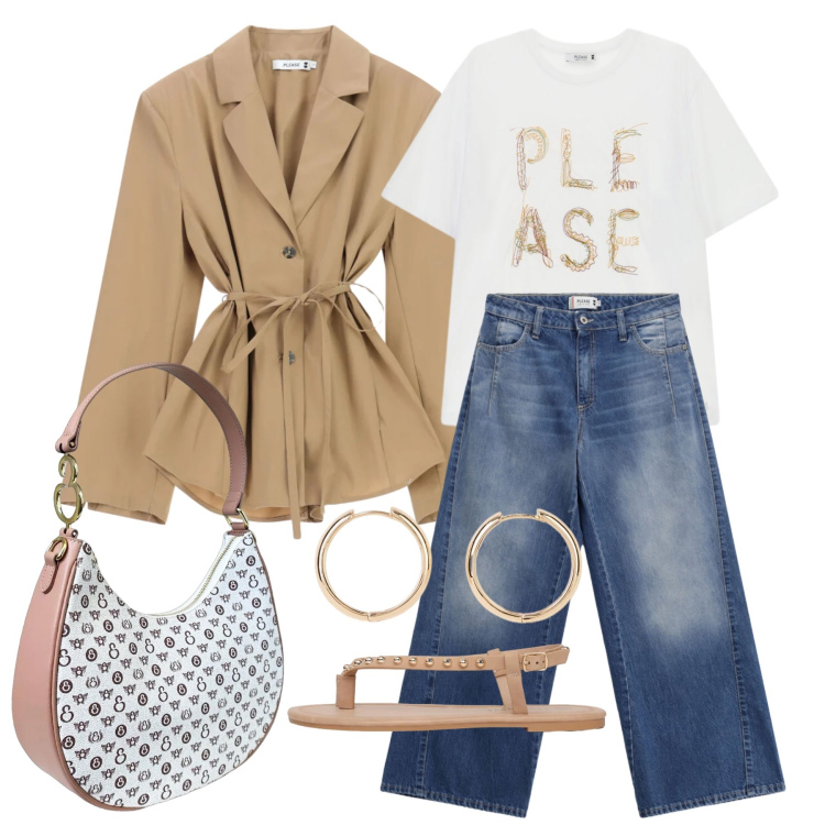 Outfit donna - Agosto. Stile Trendy per Ufficio. Abbinamento con orecchini, ciabatte, t-shirt, blazer, jeans, borse a spalla.