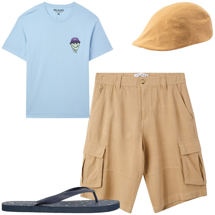 Outfit uomo - Total look #2454027. Stile Casual per Tutti i giorni. Abbinamento con t-shirt, pantaloni corti, sandali, cappelli con visiera.