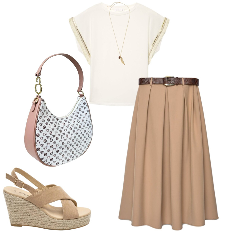 Outfit donna - Naturale in vacanza. Stile Basic per Tutti i giorni. Abbinamento con sandali col tacco, collane, t-shirt, gonne lunghe, borse a spalla.