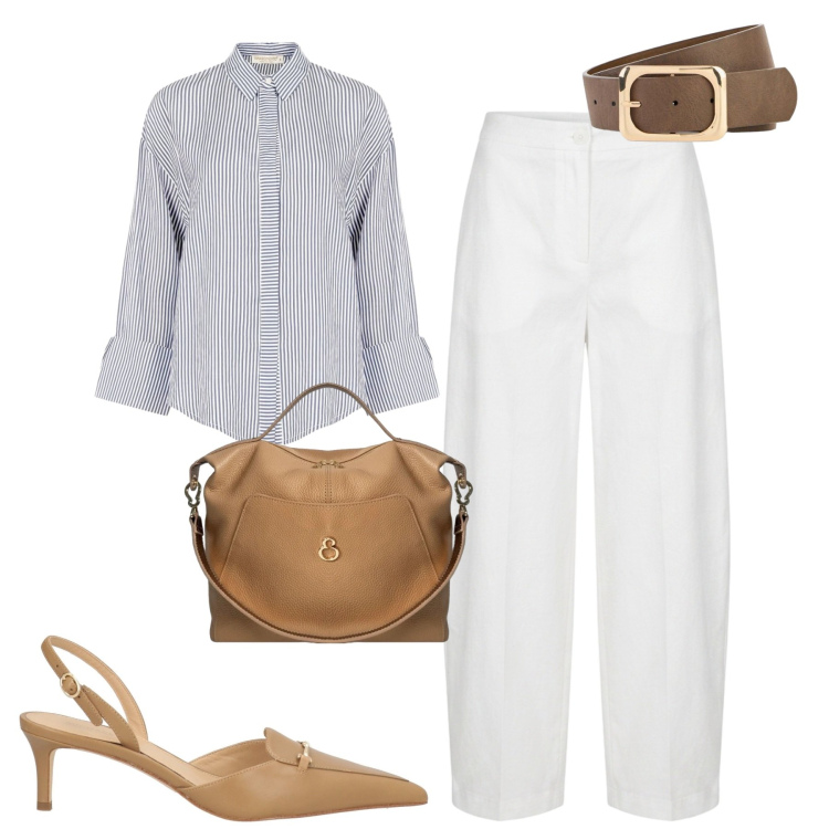 Outfit donna - City. Stile Casual chic per Tutti i giorni. Abbinamento con décolleté, cinture, camicie, borse a mano, pantaloni.
