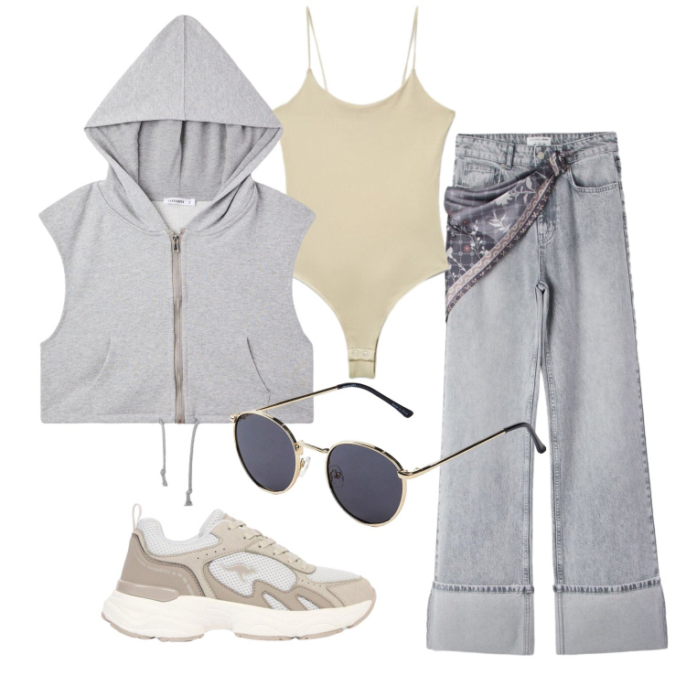 Outfit donna - Agosto. Stile Casual per Tutti i giorni. Abbinamento con occhiali da sole, sneakers, jeans, felpe con cappuccio, canottiere.