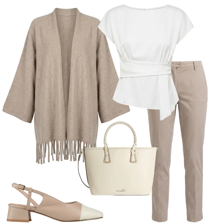 Outfit donna - Naturale in vacanza. Stile Casual chic per Serata fuori. Abbinamento con décolleté, pantaloni, shopping bag, bluse, kimono.