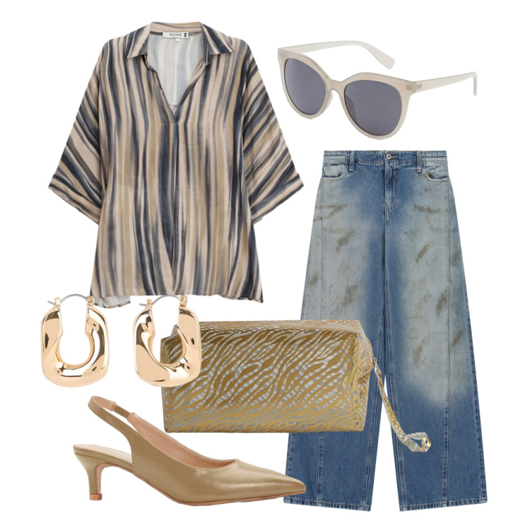 Outfit donna - Agosto. Stile Trendy per Tutti i giorni. Abbinamento con décolleté, occhiali da sole, orecchini, valigie, jeans, camicie.