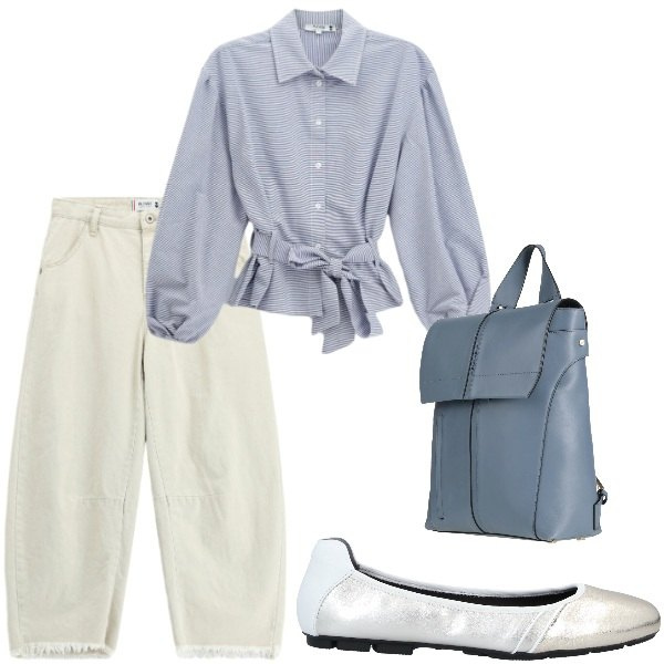Outfit donna - Pensando a settembre. Stile Casual per Tutti i giorni. Abbinamento con ballerine, zaini, camicie, jeans dritti.