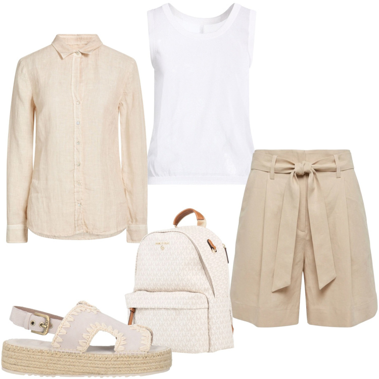 Outfit donna - Naturale in vacanza. Stile Casual chic per Serata fuori. Abbinamento con zaini, camicie, top, espadrillas, bermuda.
