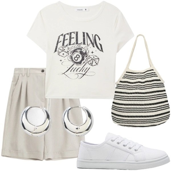 Outfit donna - Pensando a settembre. Stile Casual per Tutti i giorni. Abbinamento con sneakers, orecchini, t-shirt, shopping bag, bermuda.