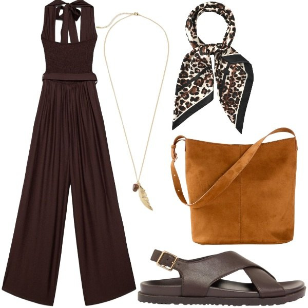 Outfit donna - Estate. Stile Casual per Serata fuori. Abbinamento con borse a mano, sandali in pelle, collane, foulard, tute.
