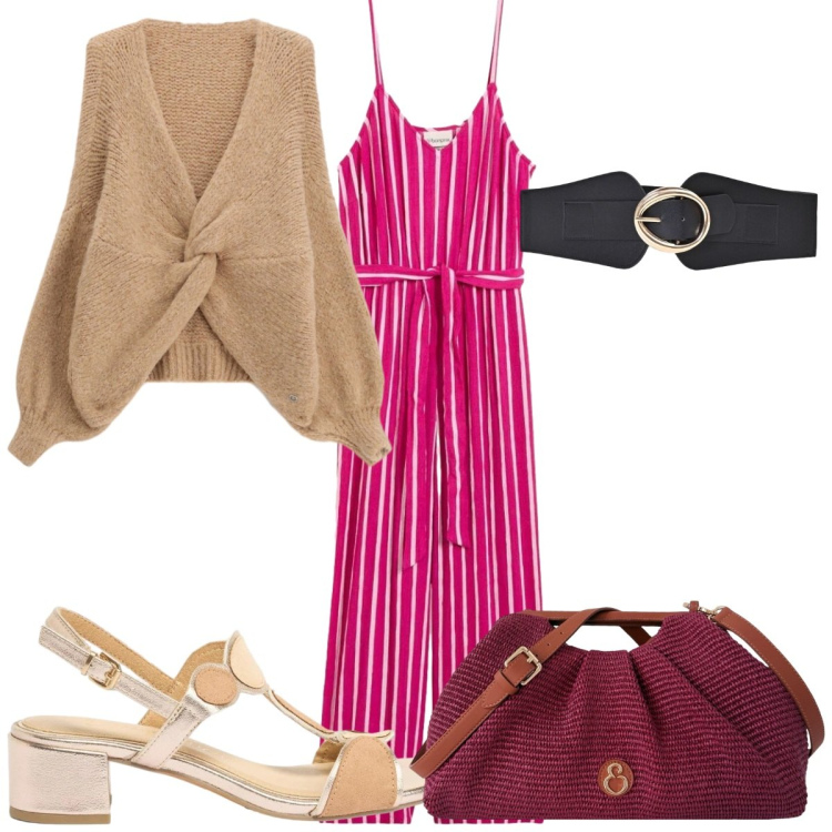 Outfit donna - Total look #2454063. Stile Trendy per Tutti i giorni. Abbinamento con tute, sandali col tacco, cardigans, clutch, cinture.
