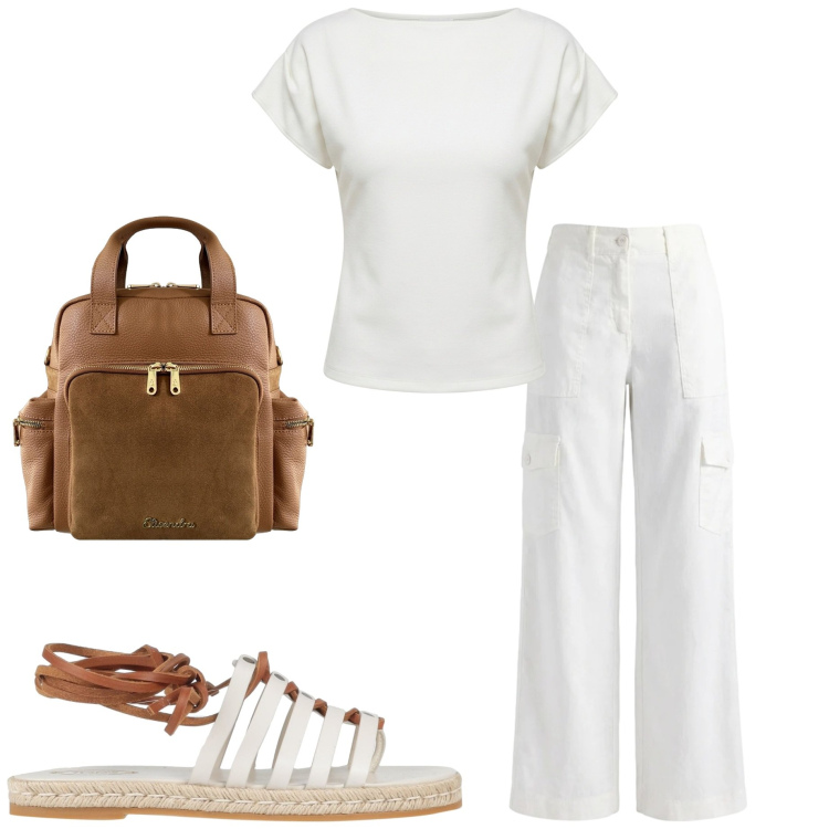 Outfit donna - Naturale in vacanza. Stile Casual chic per Tutti i giorni. Abbinamento con espadrillas, pantaloni cargo, t-shirt, zaini.