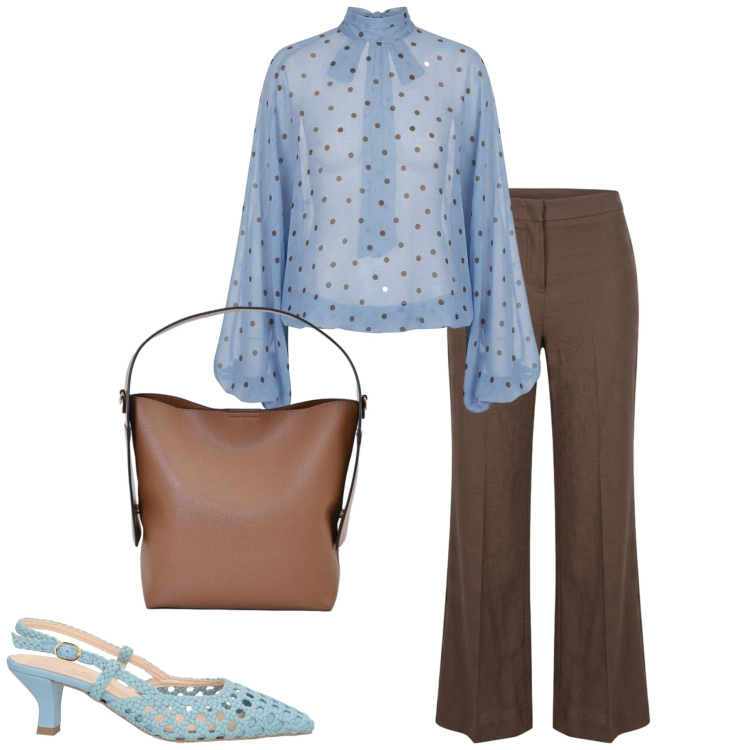 Outfit donna - Agosto per chi lavora. Stile Casual chic per Ufficio. Abbinamento con décolleté, borse a mano, bluse, pantaloni.