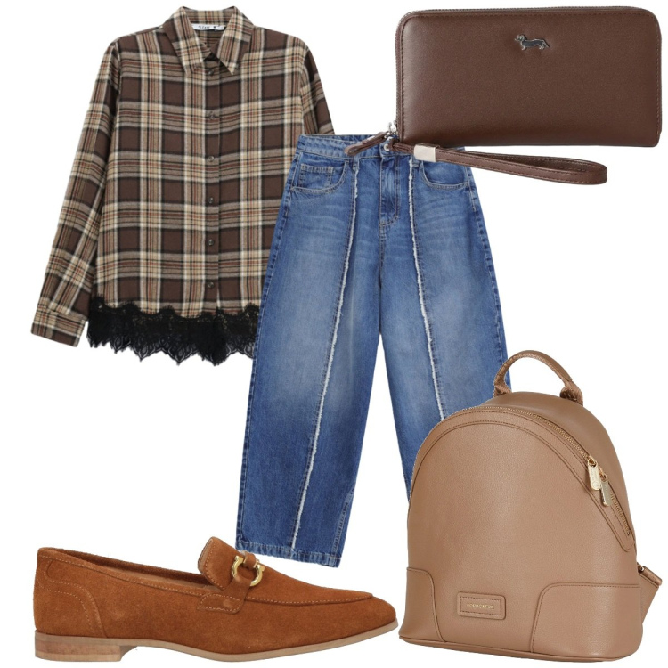 Outfit donna - Total look #2454069. Stile Casual per Tutti i giorni. Abbinamento con zaini, mocassini, camicie, jeans dritti, portafogli.