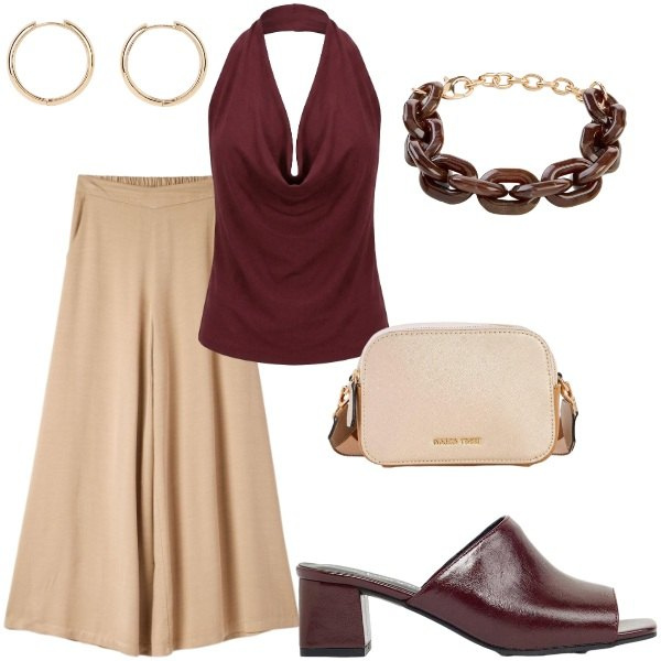 Outfit donna - A cena fuori. Stile Casual chic per Serata fuori. Abbinamento con borse a tracolla, orecchini, ciabatte, braccialetti, pantaloni, canottiere.
