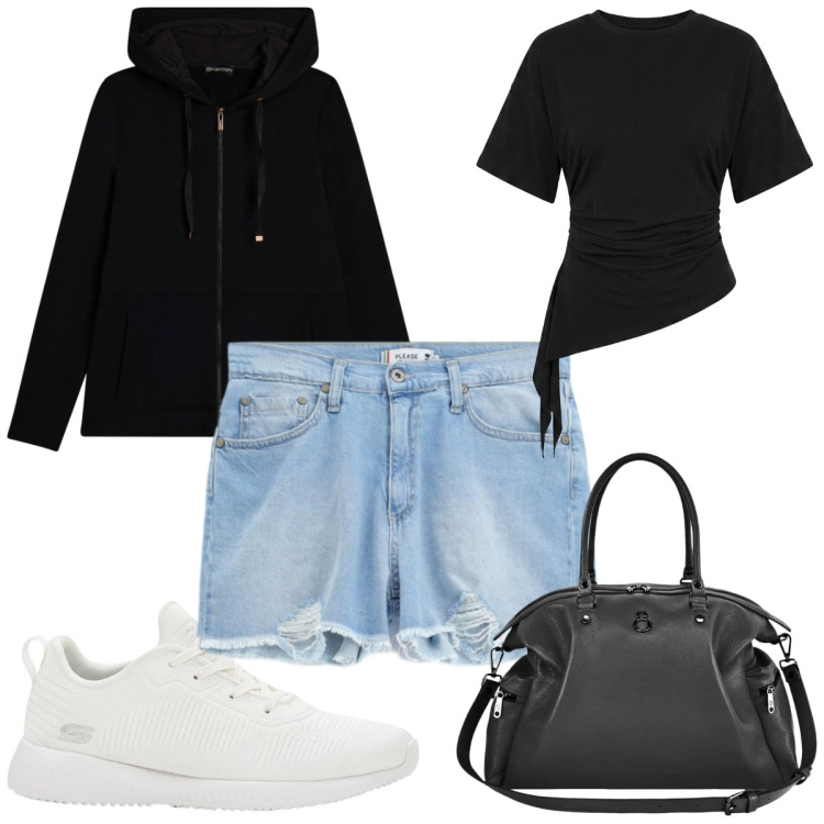 Outfit donna - Total look #2454072. Stile Basic per Tutti i giorni. Abbinamento con sneakers, shorts, felpe con cappuccio, shopping bag, maglieria.