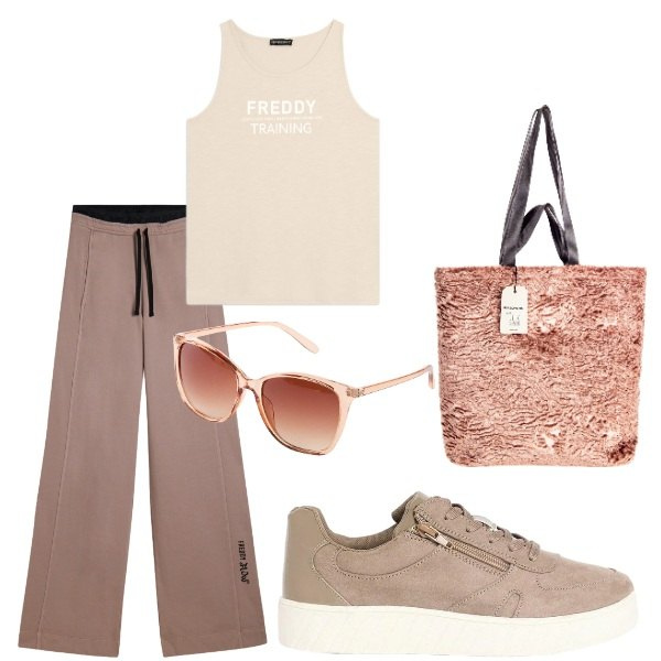 Outfit donna - Passeggiando per la città. Stile Casual per Tutti i giorni. Abbinamento con occhiali da sole, sneakers, borse tote, pantaloni, canottiere.