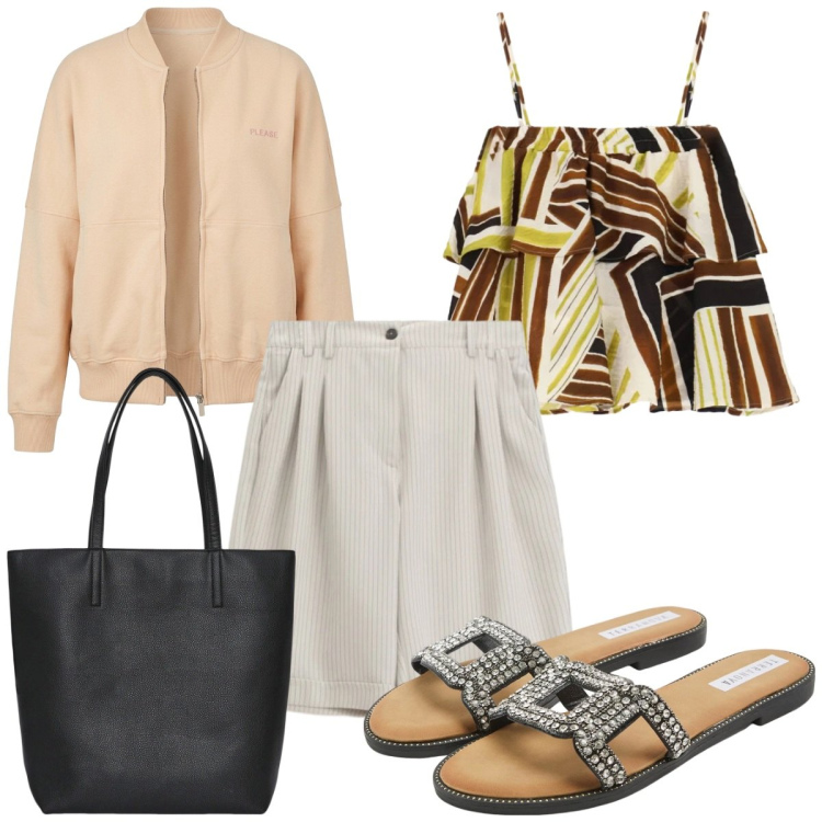 Outfit donna - Total look #2454074. Stile Casual per Tutti i giorni. Abbinamento con ciabatte, borse tote, bermuda, felpe, top.