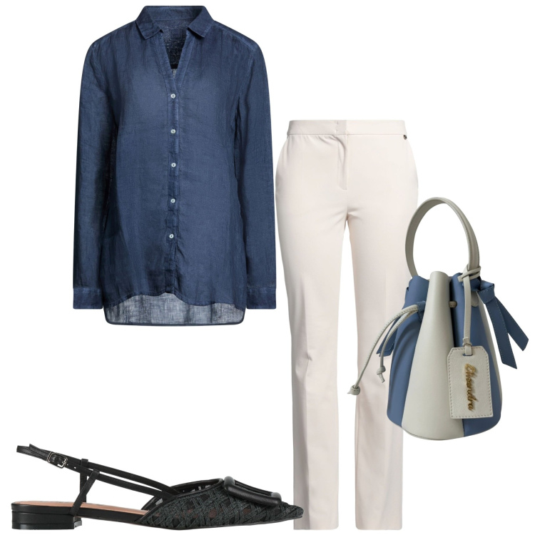 Outfit donna - Agosto per chi lavora. Stile Casual chic per Ufficio. Abbinamento con ballerine, pantaloni, camicie, borse a secchiello.