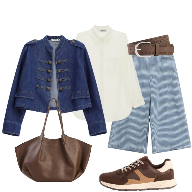 Outfit donna - Rientro in città. Stile Urban per Tutti i giorni. Abbinamento con shopping bag, cinture, sneakers, jeans, camicie, blazer.