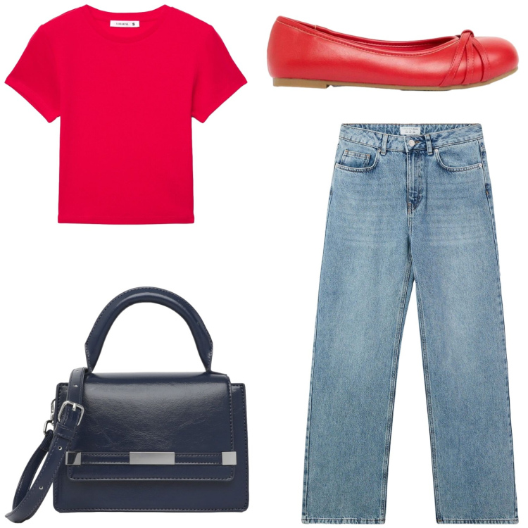 Outfit donna - Minimal chic in ufficio. Stile Casual chic per Ufficio. Abbinamento con ballerine, jeans, t-shirt, borse a spalla.