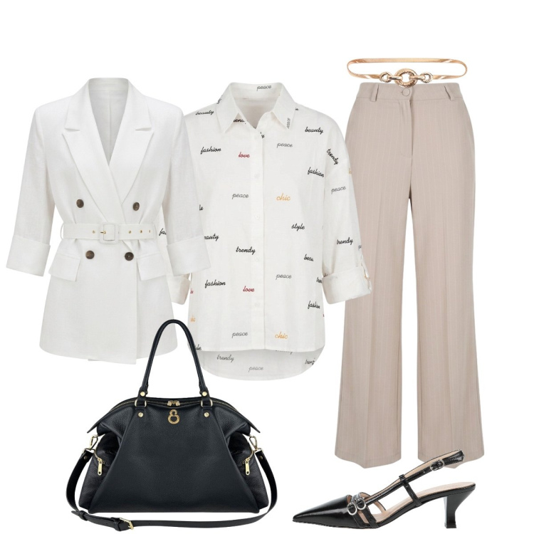 Outfit donna - Business look. Stile Chic per Ufficio. Abbinamento con décolleté, blazer, cinture, shopping bag, camicie, pantaloni.
