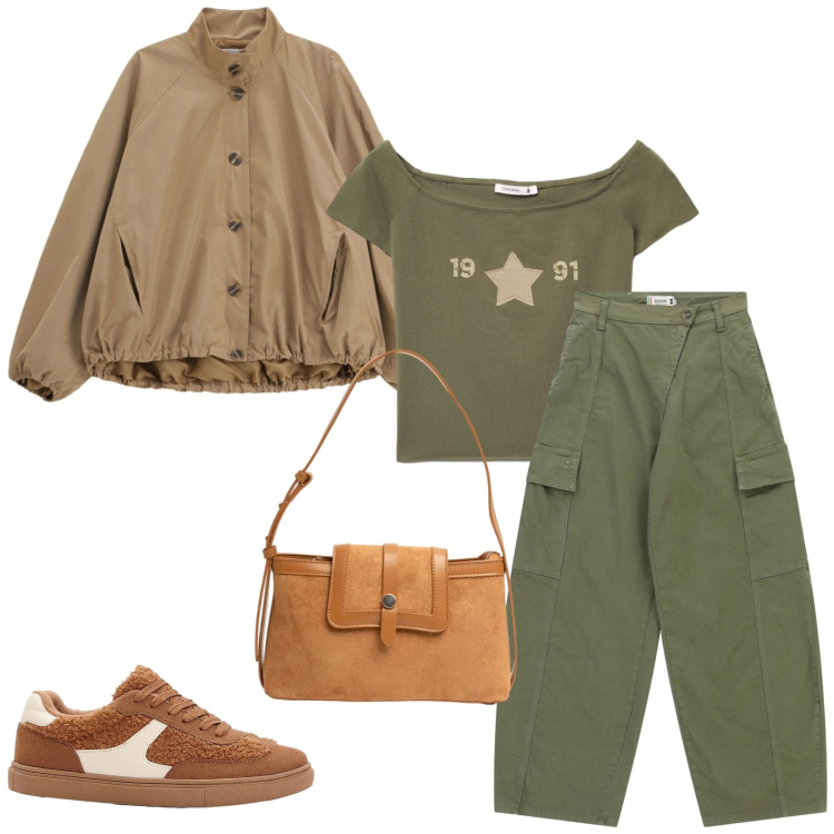 Outfit donna - Total look #2454099. Stile Casual per Tutti i giorni. Abbinamento con sneakers, t-shirt, pantaloni cargo, bomber, borse a tracolla.