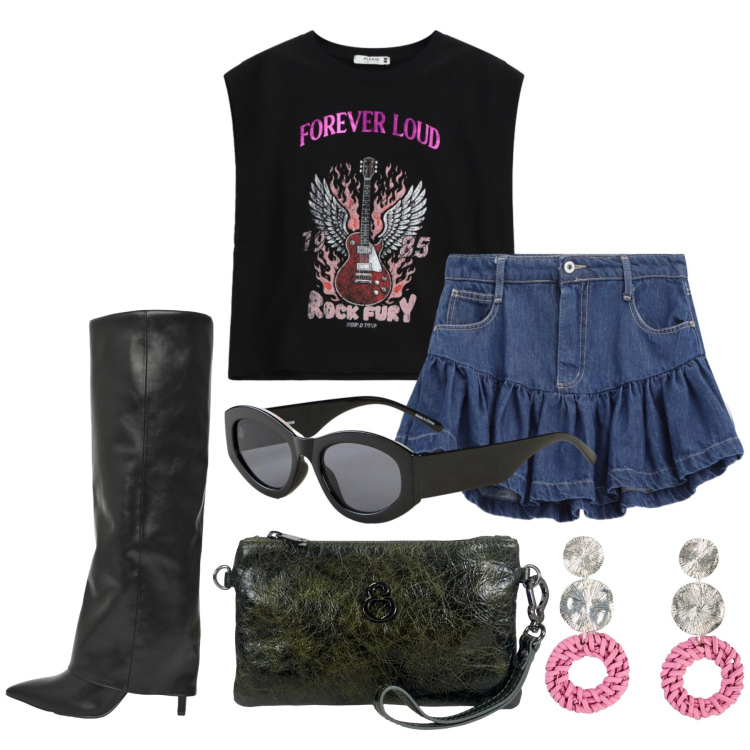 Outfit donna - Agosto. Stile Rock per Tutti i giorni. Abbinamento con orecchini, occhiali da sole, stivali, minigonne, top, pochette.