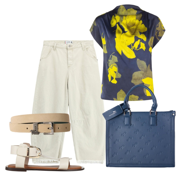 Outfit donna - Agosto. Stile Casual chic per Ufficio. Abbinamento con sandali alla schiava, cinture, borse a mano, top, jeans dritti.