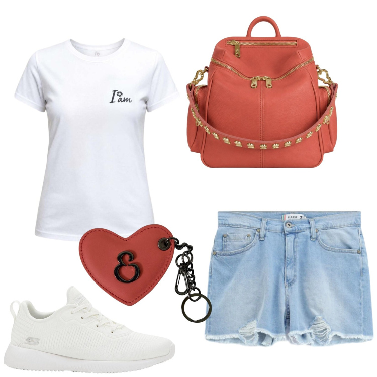 Outfit donna - Total look #2454104. Stile Casual per Tutti i giorni. Abbinamento con sneakers, t-shirt, shorts, zaini, portachiavi.