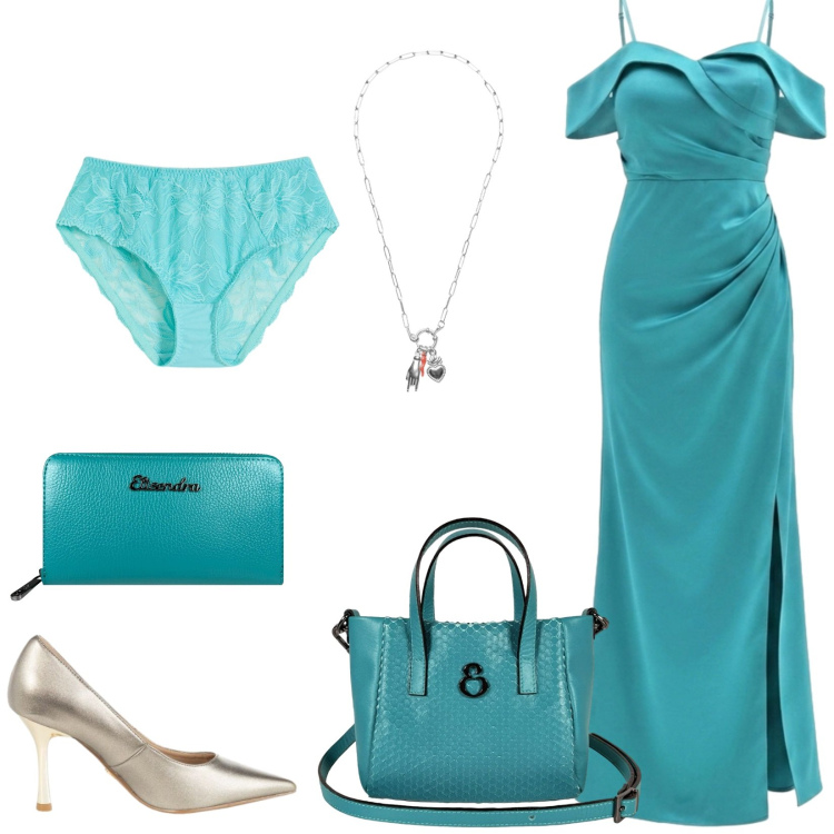 Outfit donna - Total look #2454106. Stile Glamour per Cerimonia. Abbinamento con culotte, vestiti lunghi, décolleté, ciondoli, borse a mano, portafogli.