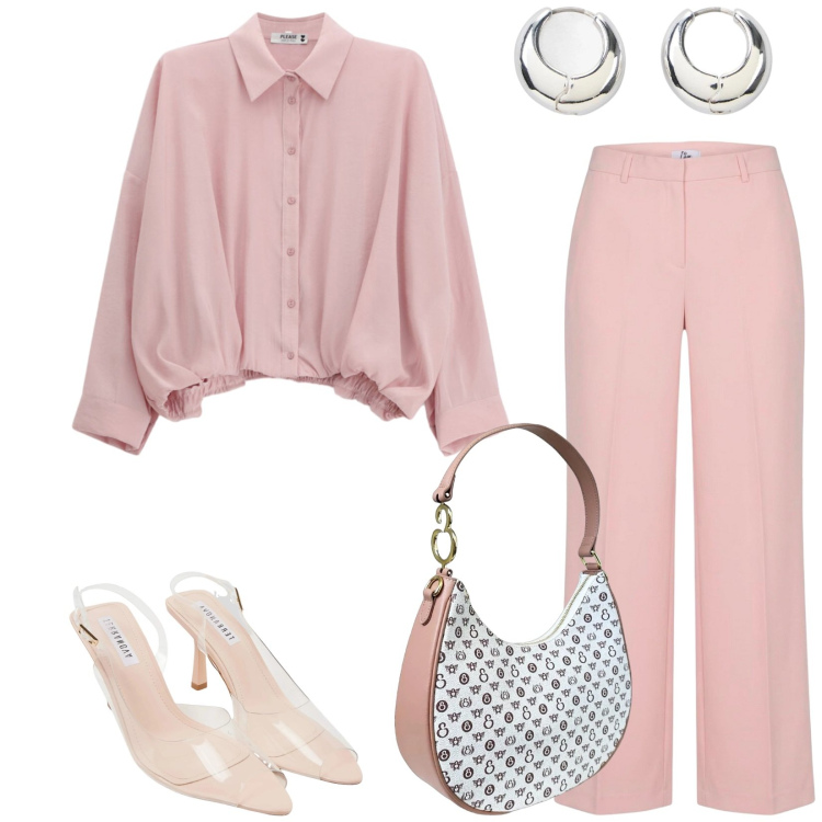 Outfit donna - Total look #2454107. Stile Chic per Ufficio. Abbinamento con orecchini, sandali col tacco, pantaloni a palazzo, camicie, borse a spalla.