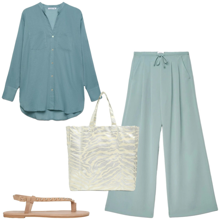 Outfit donna - Total look #2454108. Stile Casual per Tutti i giorni. Abbinamento con pantaloni, camicie, ciabatte, shopping bag.
