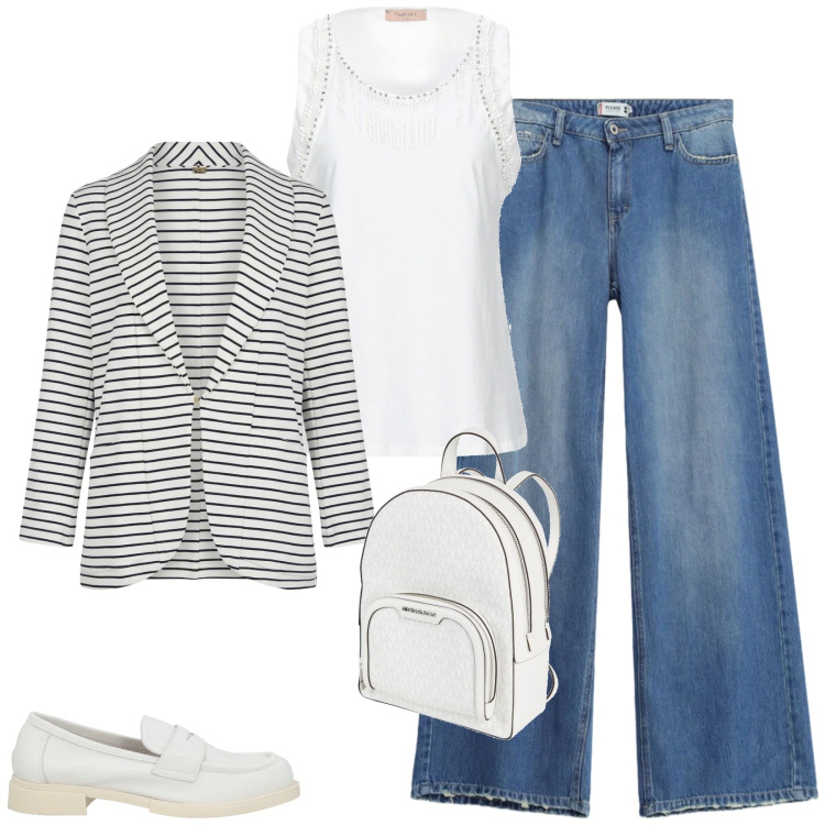Outfit donna - Total look #2454111. Stile Casual chic per Tutti i giorni. Abbinamento con zaini, top, mocassini, blazer, jeans dritti.