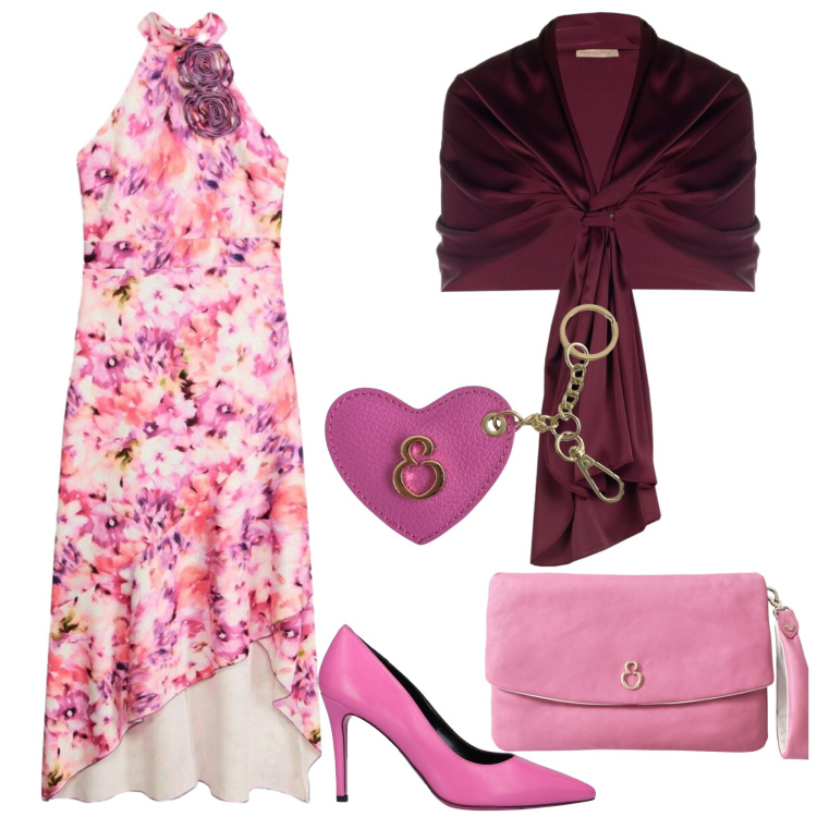 Outfit donna - L\'abito a fiori dal taglio asimmetrico. Stile Romantica per Cerimonia. Abbinamento con décolleté, vestiti, stole, pochette, portachiavi.