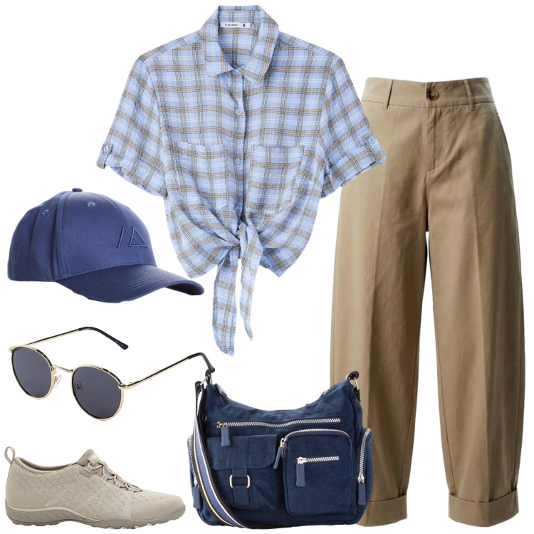 Outfit donna - Total look #2454133. Stile Sporty chic per Tutti i giorni. Abbinamento con occhiali da sole, sneakers, cappelli con visiera, borse a tracolla, camicie a manica corta, pantaloni.