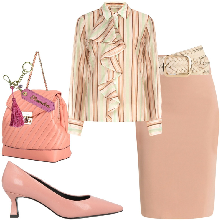 Outfit donna - A righe. Stile Casual chic per Tutti i giorni. Abbinamento con décolleté, zaini, cinture, gonne longuette, camicie, portachiavi.