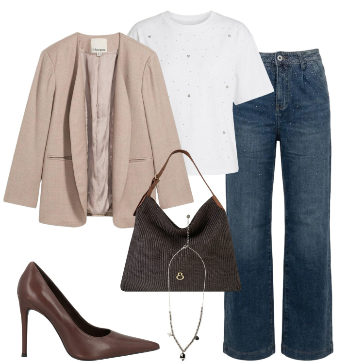 Outfit donna - City. Stile Casual chic per Tutti i giorni. Abbinamento con décolleté, blazer, t-shirt, jeans, ciondoli, borse a spalla.