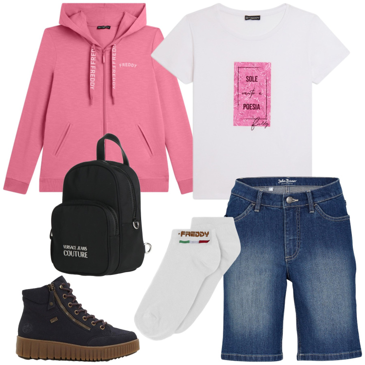 Outfit donna - Total look #2454141. Stile Sporty chic per Tutti i giorni. Abbinamento con zaini, bermuda, sneakers alte, t-shirt, felpe con cappuccio, calzini.