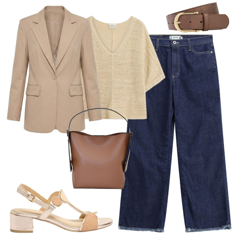 Outfit donna - City. Stile Casual chic per Tutti i giorni. Abbinamento con t-shirt, sandali col tacco, cinture, blazer, borse a mano, jeans dritti.