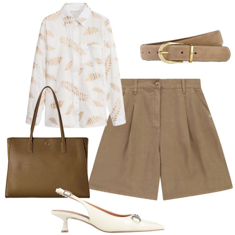 Outfit donna - City. Stile Casual chic per Tutti i giorni. Abbinamento con décolleté, camicie, cinture, shopping bag, bermuda.
