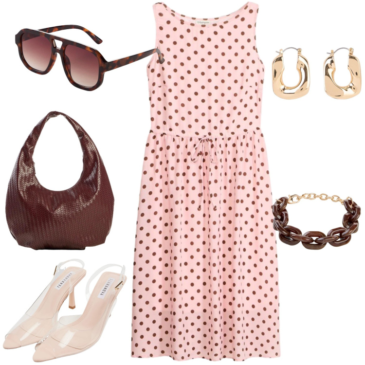 Outfit donna - Total look #2454147. Stile Bon Ton per Tutti i giorni. Abbinamento con vestiti midi/longuette, borse a spalla, occhiali da sole, orecchini, braccialetti, sandali col tacco.