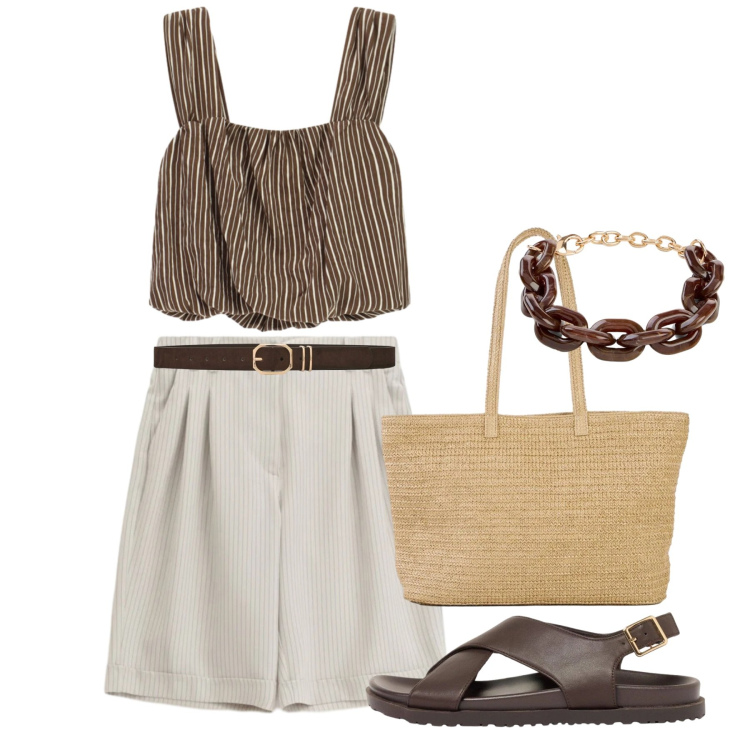 Outfit donna - A righe - @pamela. Stile Bon Ton per Tutti i giorni. Abbinamento con sandali in pelle, shopping bag, braccialetti, cinture, bermuda, top.